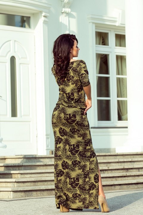 220-2 MAXI sukienka sportowa z rozcięciem - okrągłe LIŚCIE + KHAKI 220-2 MAXI sukienka sportowa z rozcięciem - okrągłe LIŚCIE + KHAKI