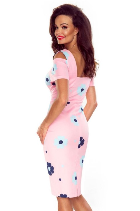 440-4 Elegancka sukienka z krótkim rękawkiem - RÓŻOWA W KWIATY 440-4 Elegancka sukienka z krótkim rękawkiem - RÓŻOWA W KWIATY