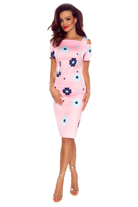 440-4 Elegancka sukienka z krótkim rękawkiem - RÓŻOWA W KWIATY 440-4 Elegancka sukienka z krótkim rękawkiem - RÓŻOWA W KWIATY
